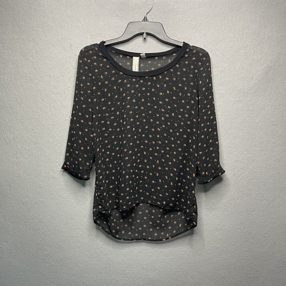 Robin-K Sheer Black Floral Polka Dot Blouse W/ 3/4 Sleeves & High-Low Hem